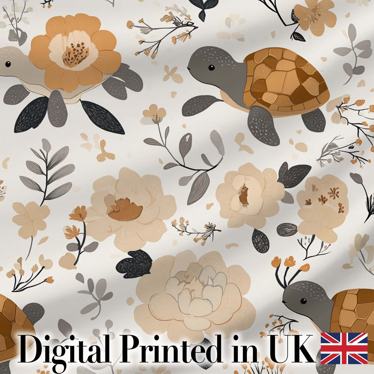 Cute Turtle Floral Neutral Boho Seamless Pattern Digital Print Fabric by the Metre UK Sewing Quilting Textile
