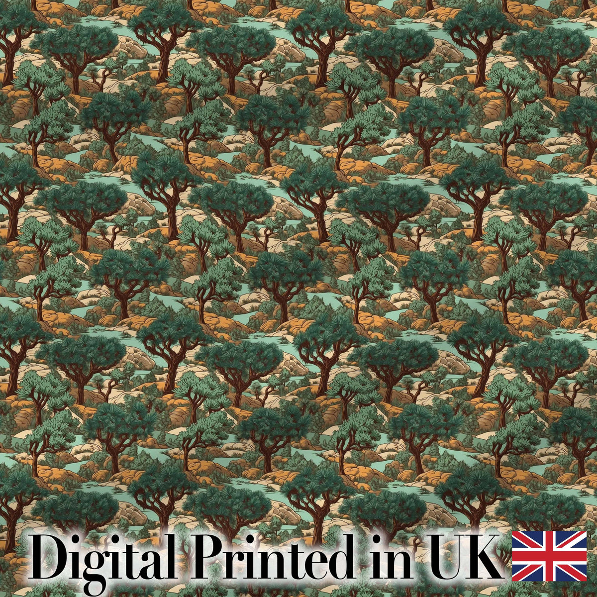 Vintage Desert Pine Tree Landscape Seamless Pattern Digital Print Fabric by the Metre UK Sewing Quilting Textile
