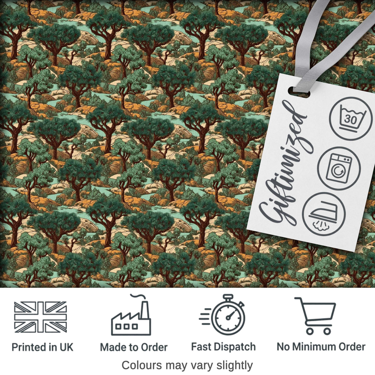 Vintage Desert Pine Tree Landscape Seamless Pattern Digital Print Fabric by the Metre UK Sewing Quilting Textile