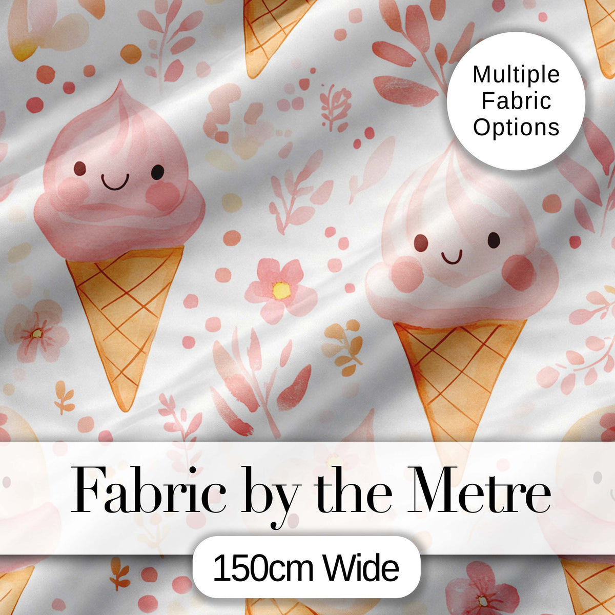 Cute Kawaii Ice Cream Floral Sweet Seamless Pattern Digital Print Fabric by the Metre UK Sewing Quilting Textile