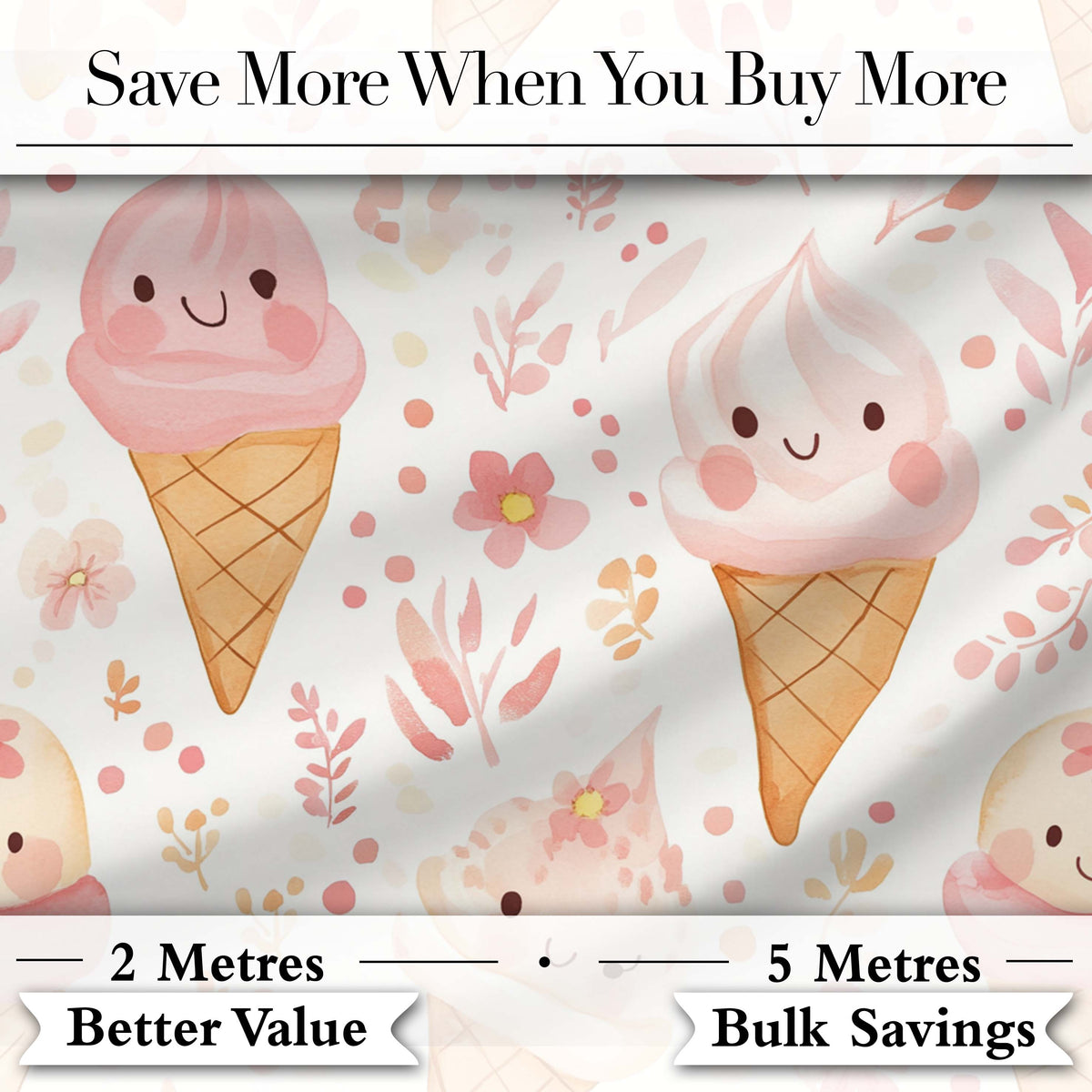Cute Kawaii Ice Cream Floral Sweet Seamless Pattern Digital Print Fabric by the Metre UK Sewing Quilting Textile