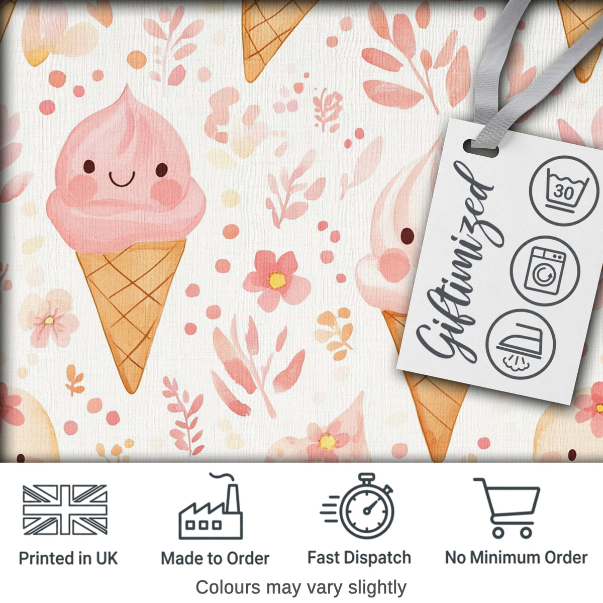 Cute Kawaii Ice Cream Floral Sweet Seamless Pattern Digital Print Fabric by the Metre UK Sewing Quilting Textile