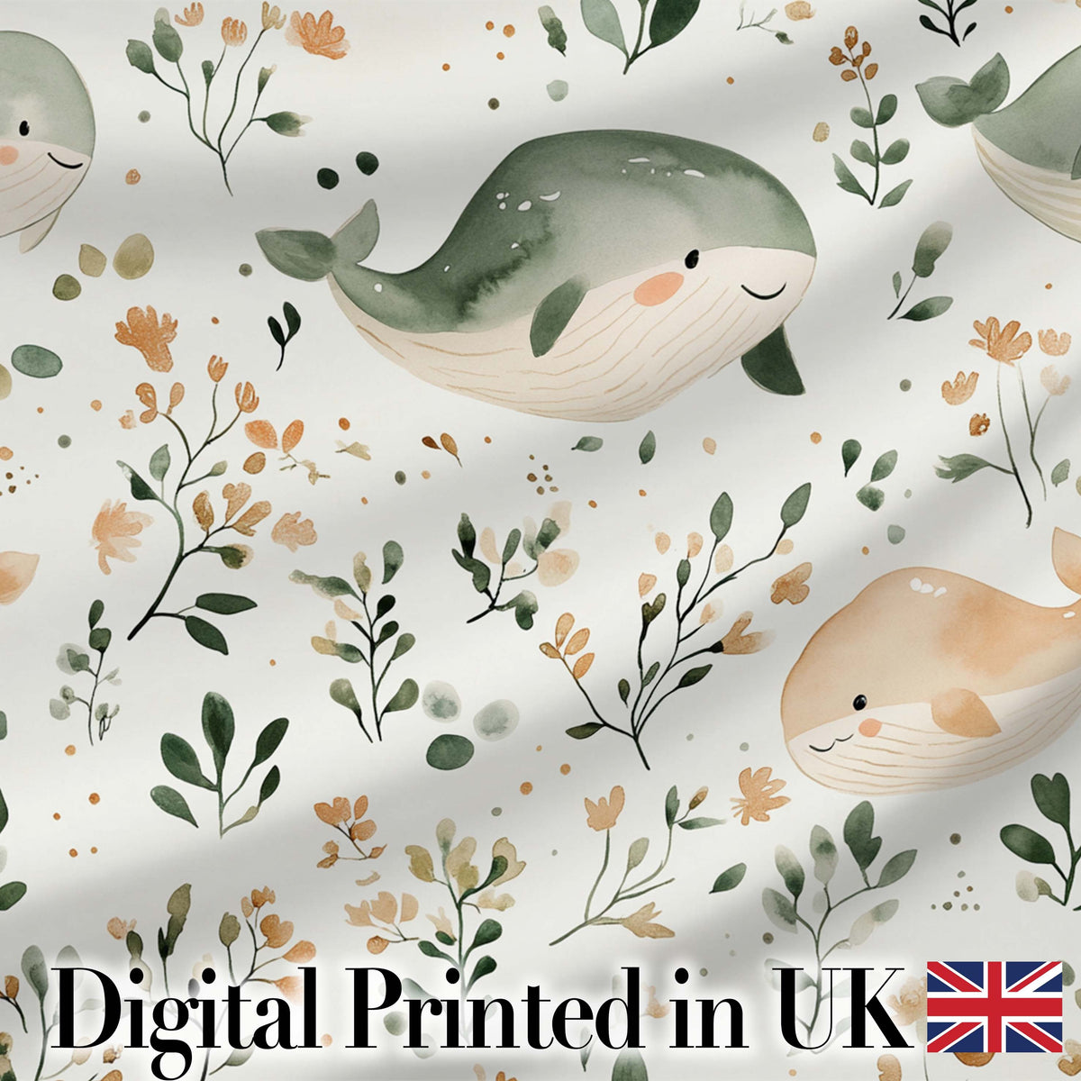Cute Baby Whale Ocean Floral Watercolor Seamless Pattern Digital Print Fabric by the Metre UK Sewing Quilting Textile