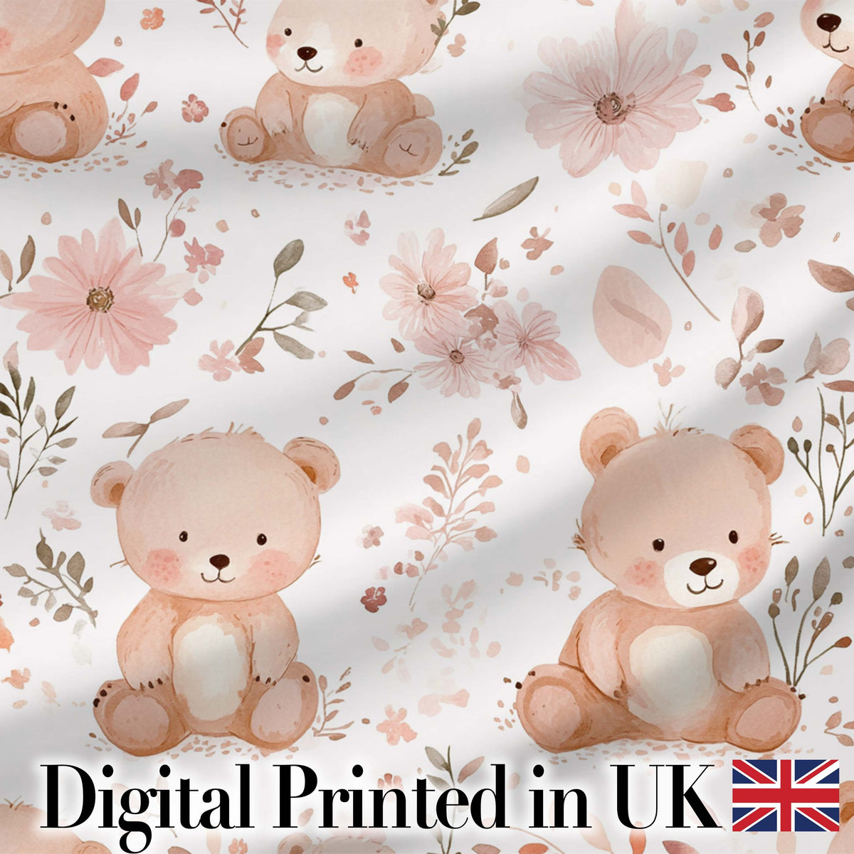 Cute Teddy Bear Floral Pastel Seamless Pattern Digital Print Fabric by the Metre UK Sewing Quilting Textile