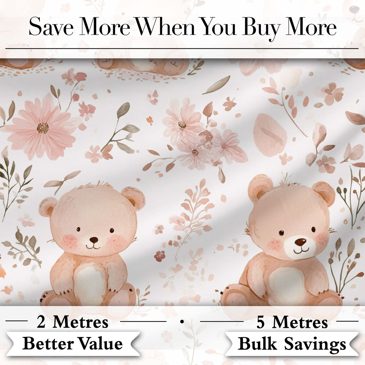 Cute Teddy Bear Floral Pastel Seamless Pattern Digital Print Fabric by the Metre UK Sewing Quilting Textile