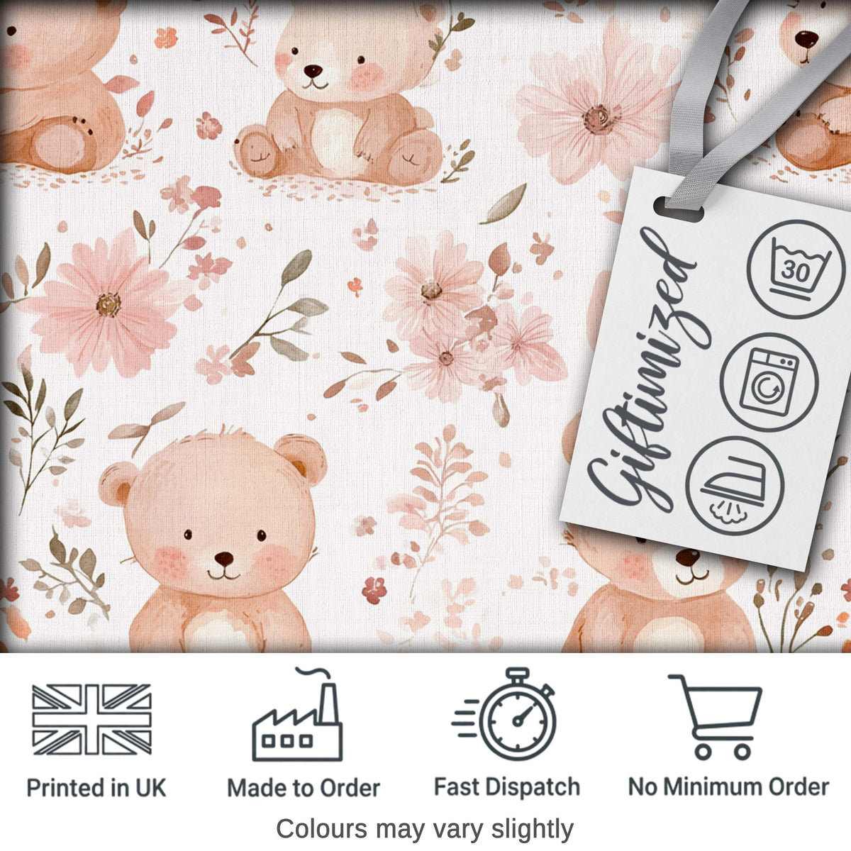 Cute Teddy Bear Floral Pastel Seamless Pattern Digital Print Fabric by the Metre UK Sewing Quilting Textile