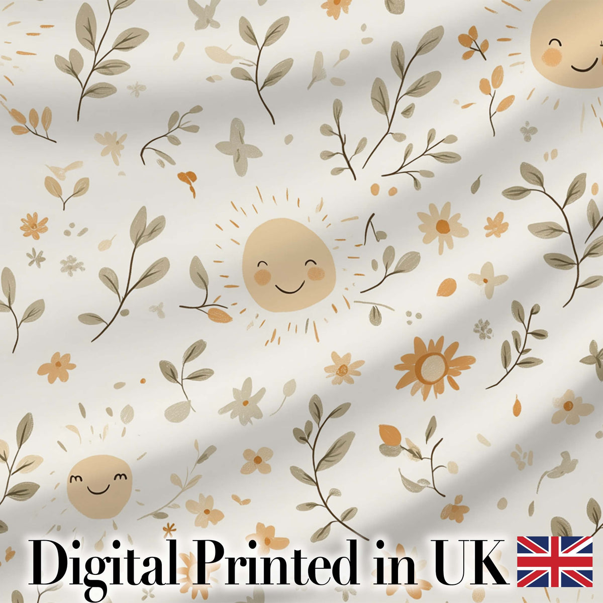 Smiling Sun Floral Nature Cute Seamless Pattern Digital Print Fabric by the Metre UK Sewing Quilting Textile
