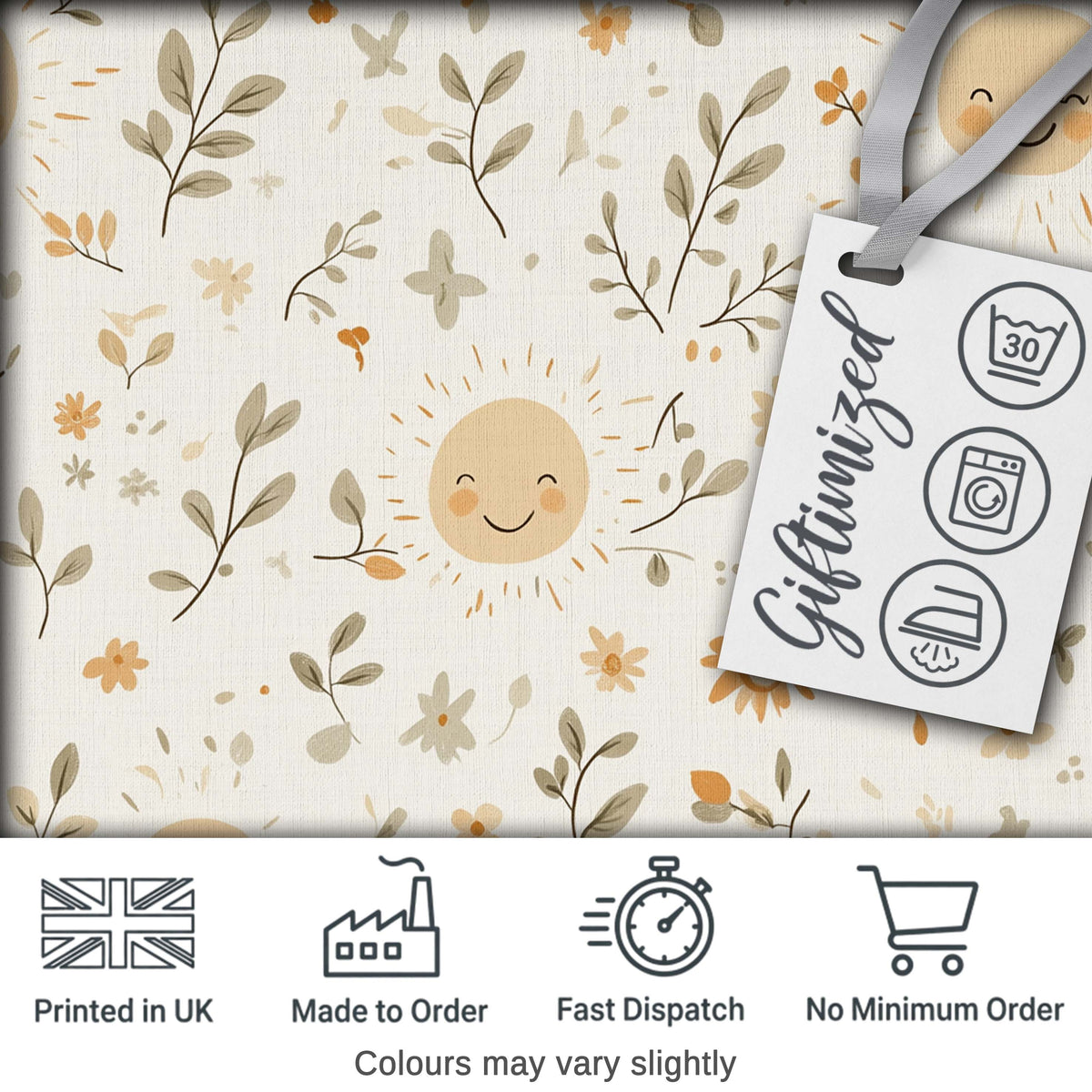 Smiling Sun Floral Nature Cute Seamless Pattern Digital Print Fabric by the Metre UK Sewing Quilting Textile