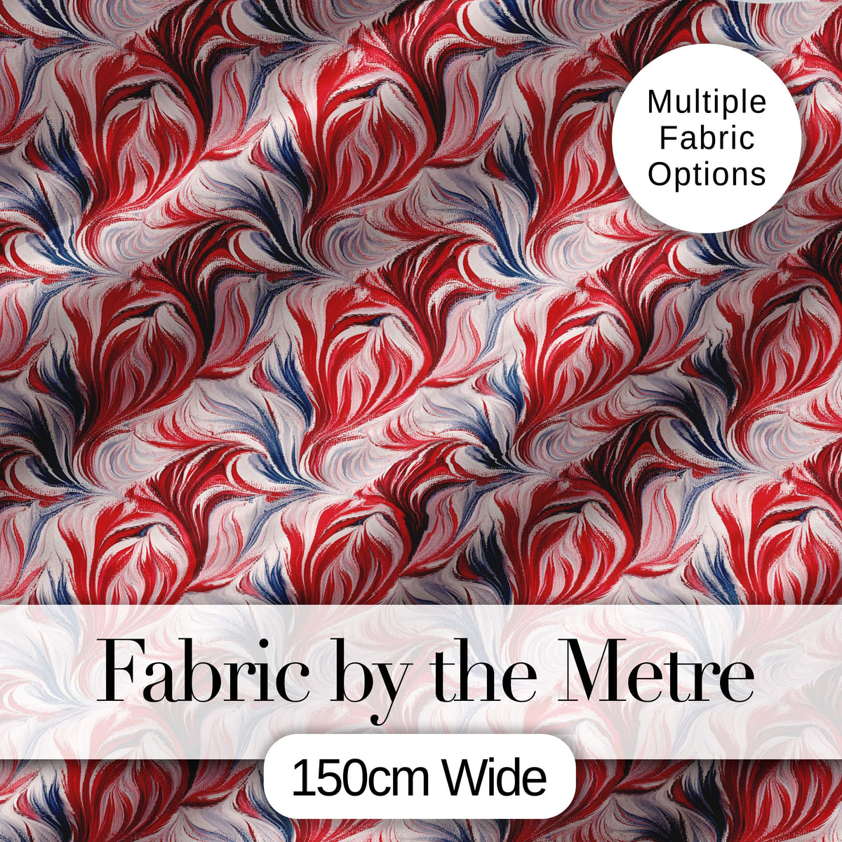 Red White Blue Fluid Marble Seamless Pattern Digital Print Fabric by the Metre UK Sewing Quilting Textile