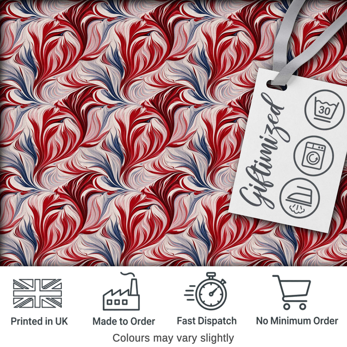 Red White Blue Fluid Marble Seamless Pattern Digital Print Fabric by the Metre UK Sewing Quilting Textile
