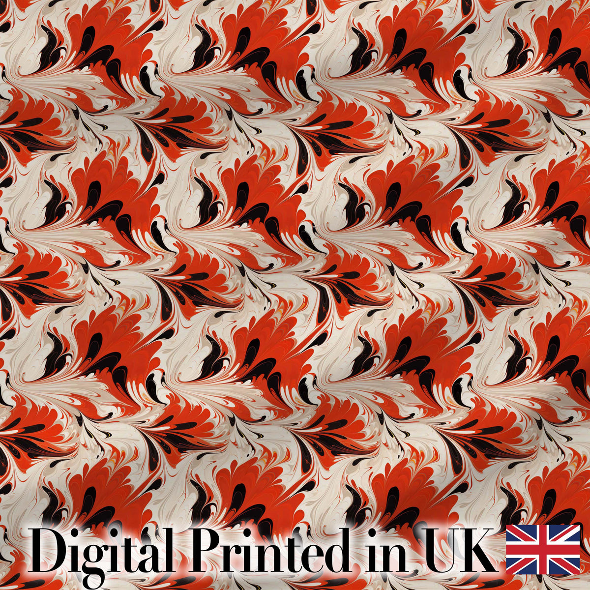 Bold Red Black Cream Fluid Marble Seamless Pattern Digital Print Fabric by the Metre UK Sewing Quilting Textile