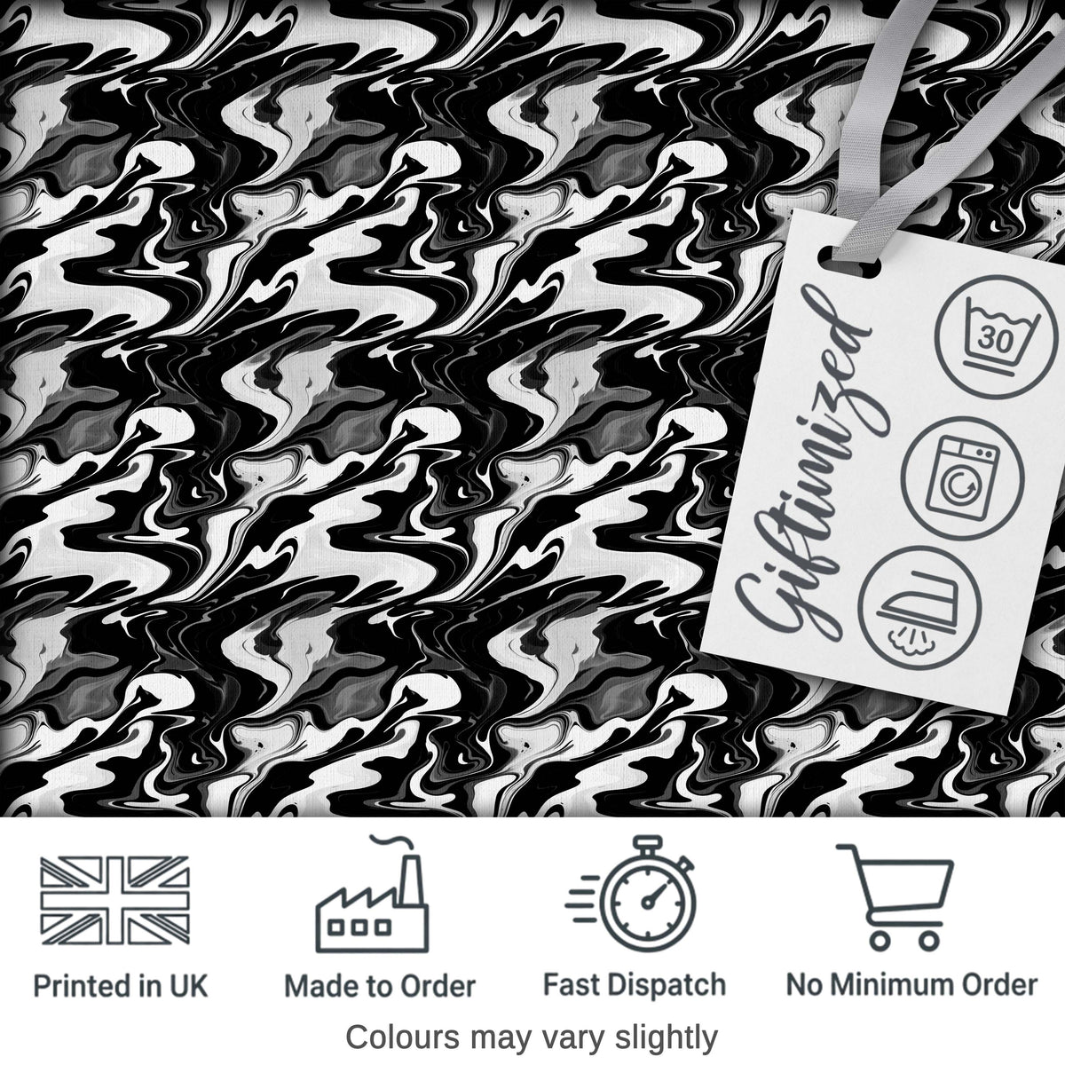 Monochrome Black White Liquid Marble Seamless Pattern Digital Print Fabric by the Metre UK Sewing Quilting Textile