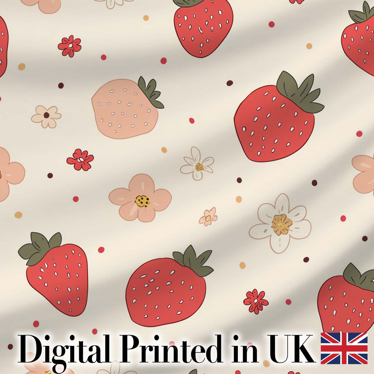 Cute Strawberry Floral Doodle Seamless Pattern Digital Print Fabric by the Metre UK Sewing Quilting Textile