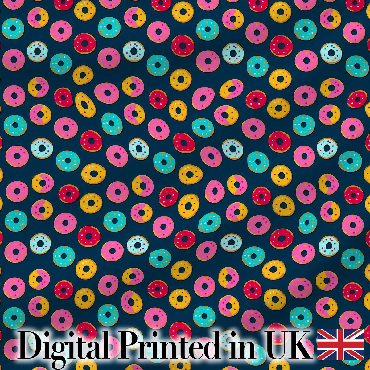 Colorful Donut Pattern on Dark Blue Background Seamless Pattern Digital Print Fabric by the Metre UK Sewing Textile