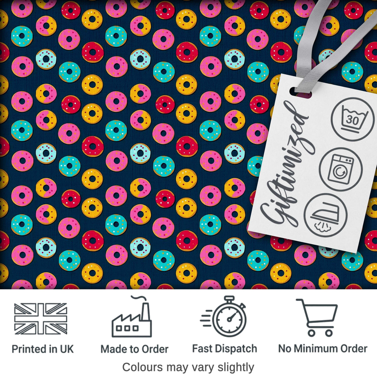 Colorful Donut Pattern on Dark Blue Background Seamless Pattern Digital Print Fabric by the Metre UK Sewing Textile