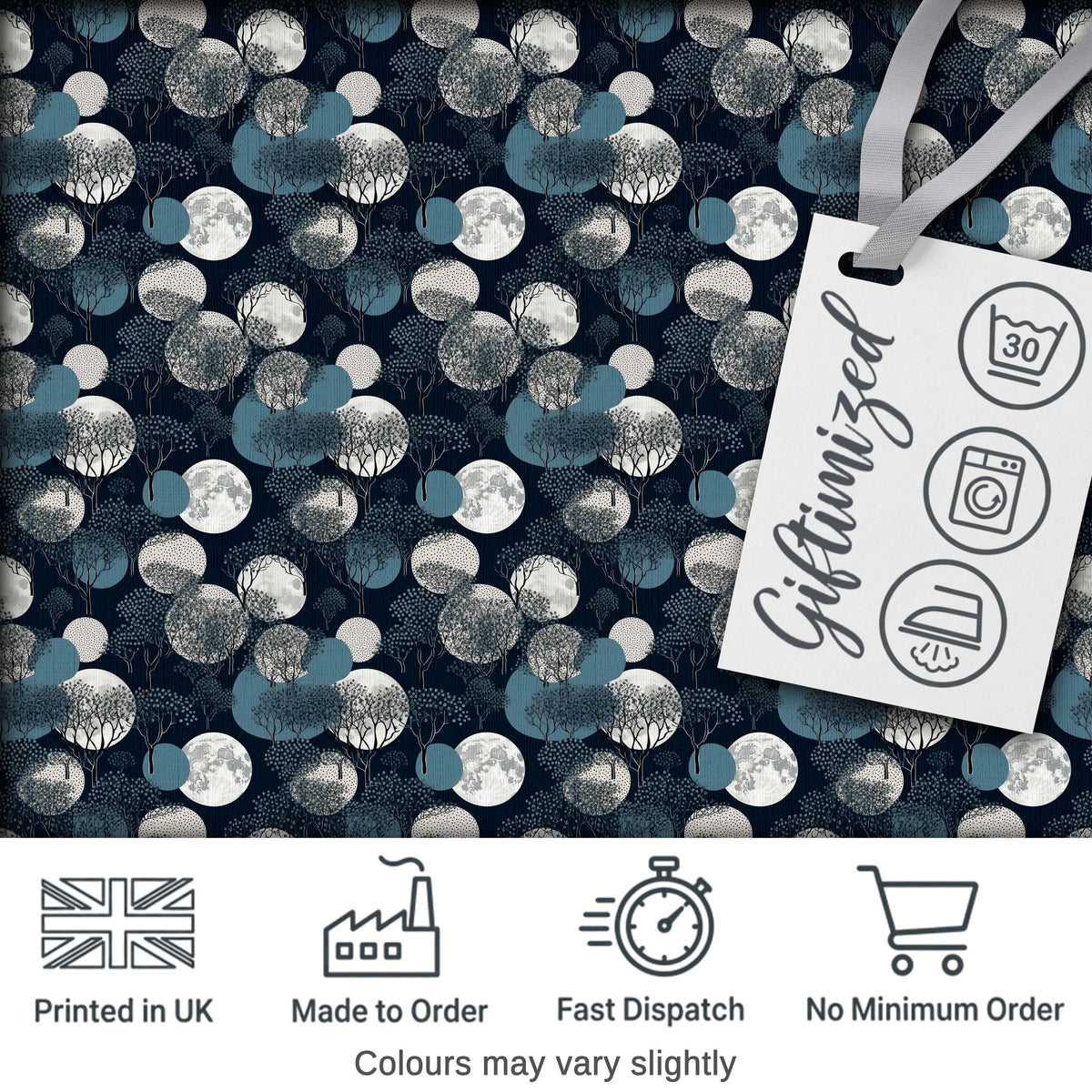 Moonlit Forest Trees and Abstract Circles on Dark Blue Seamless Pattern Digital Print Fabric by the Metre UK Sewing Quilting Textile