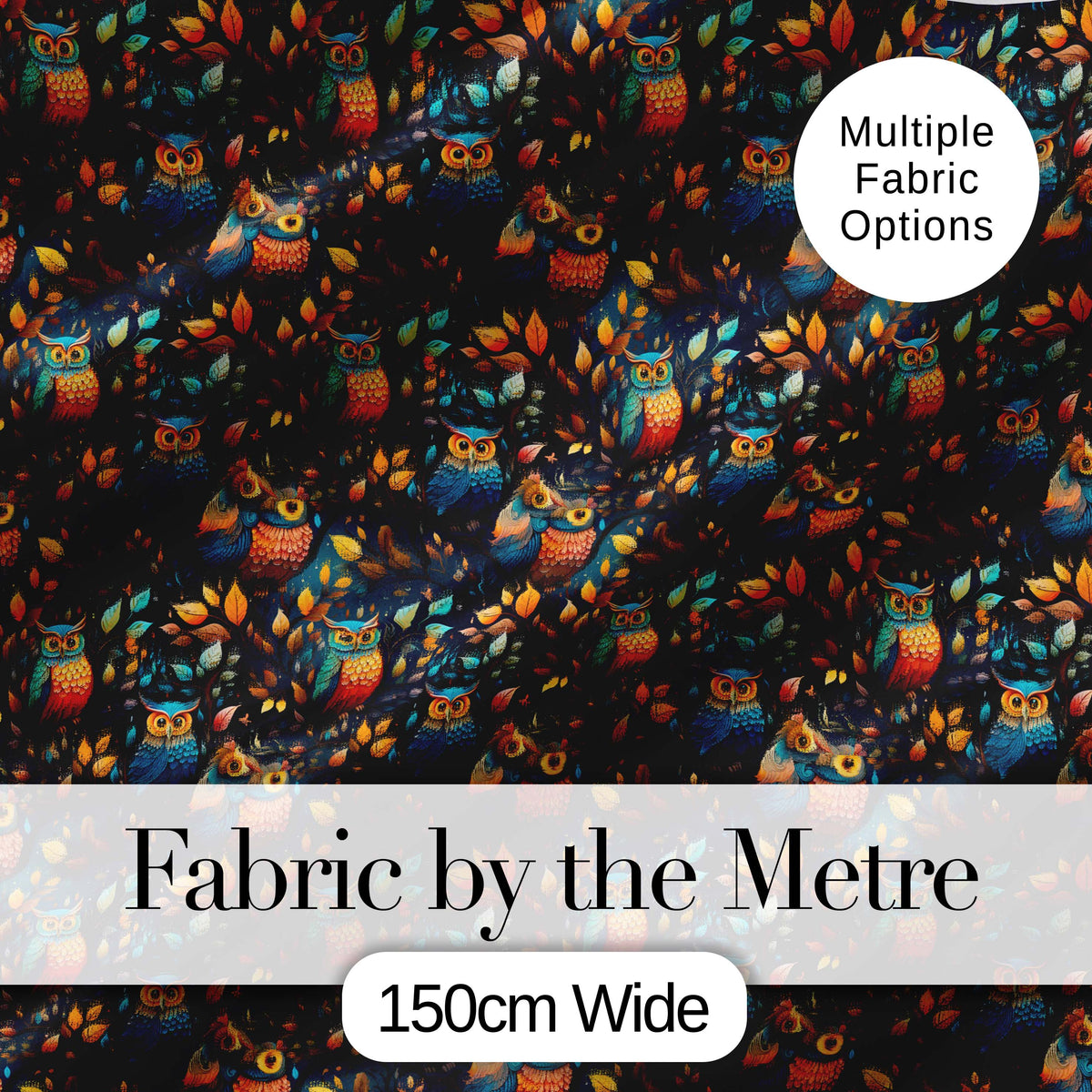 Colorful Autumn Owl Birds with Leaves Night Background Seamless Pattern Digital Print Fabric by the Metre UK Sewing Quilting Textile