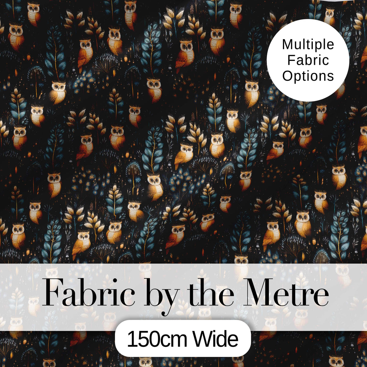 Cute Woodland Owl Birds with Botanical Night Background Seamless Pattern Digital Print Fabric by the Metre UK Sewing Quilting Textile