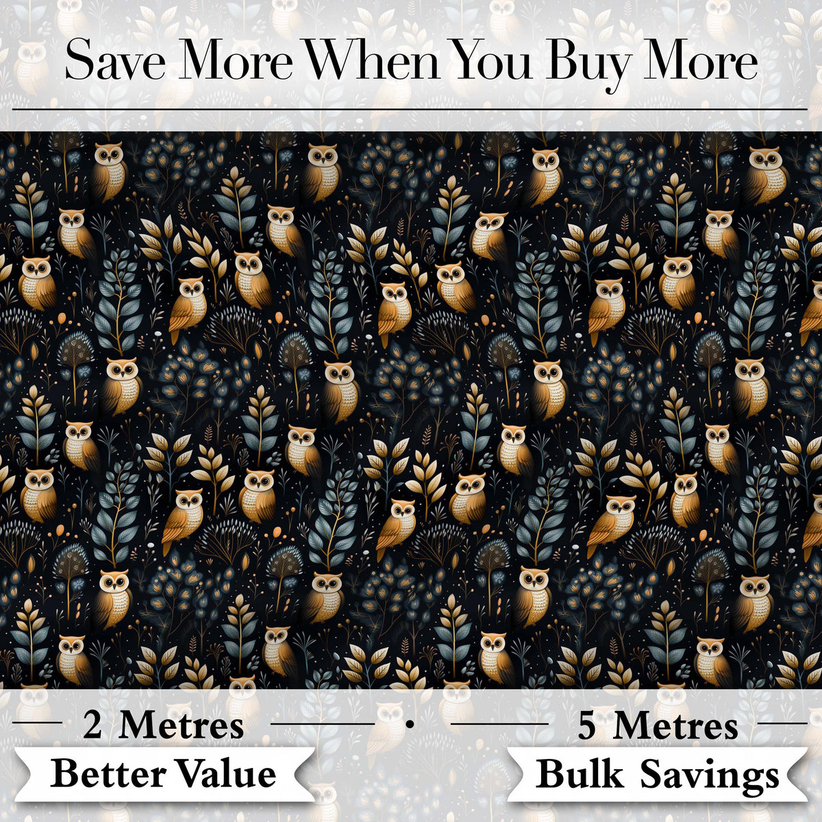 Cute Woodland Owl Birds with Botanical Night Background Seamless Pattern Digital Print Fabric by the Metre UK Sewing Quilting Textile