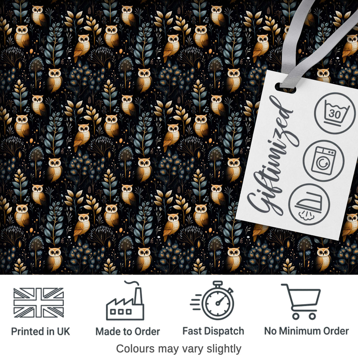 Cute Woodland Owl Birds with Botanical Night Background Seamless Pattern Digital Print Fabric by the Metre UK Sewing Quilting Textile