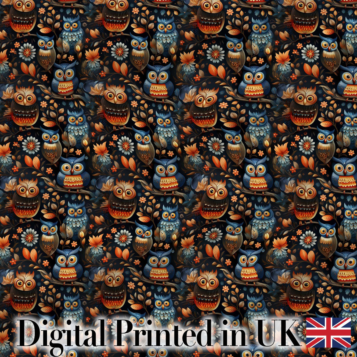 Vibrant Floral Owl Birds Pattern with Autumn Leaves Seamless Pattern Digital Print Fabric by the Metre UK Sewing Quilting Textile