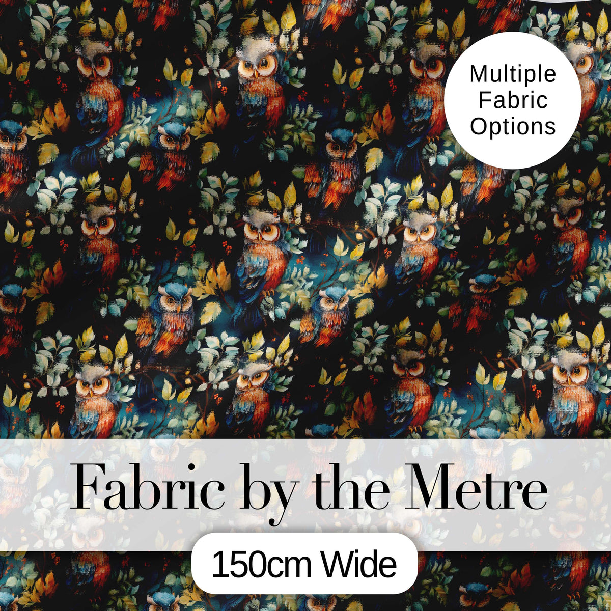 Realistic Owl Birds Sitting on Branches with Leaves Seamless Pattern Digital Print Fabric by the Metre UK Sewing Quilting Textile