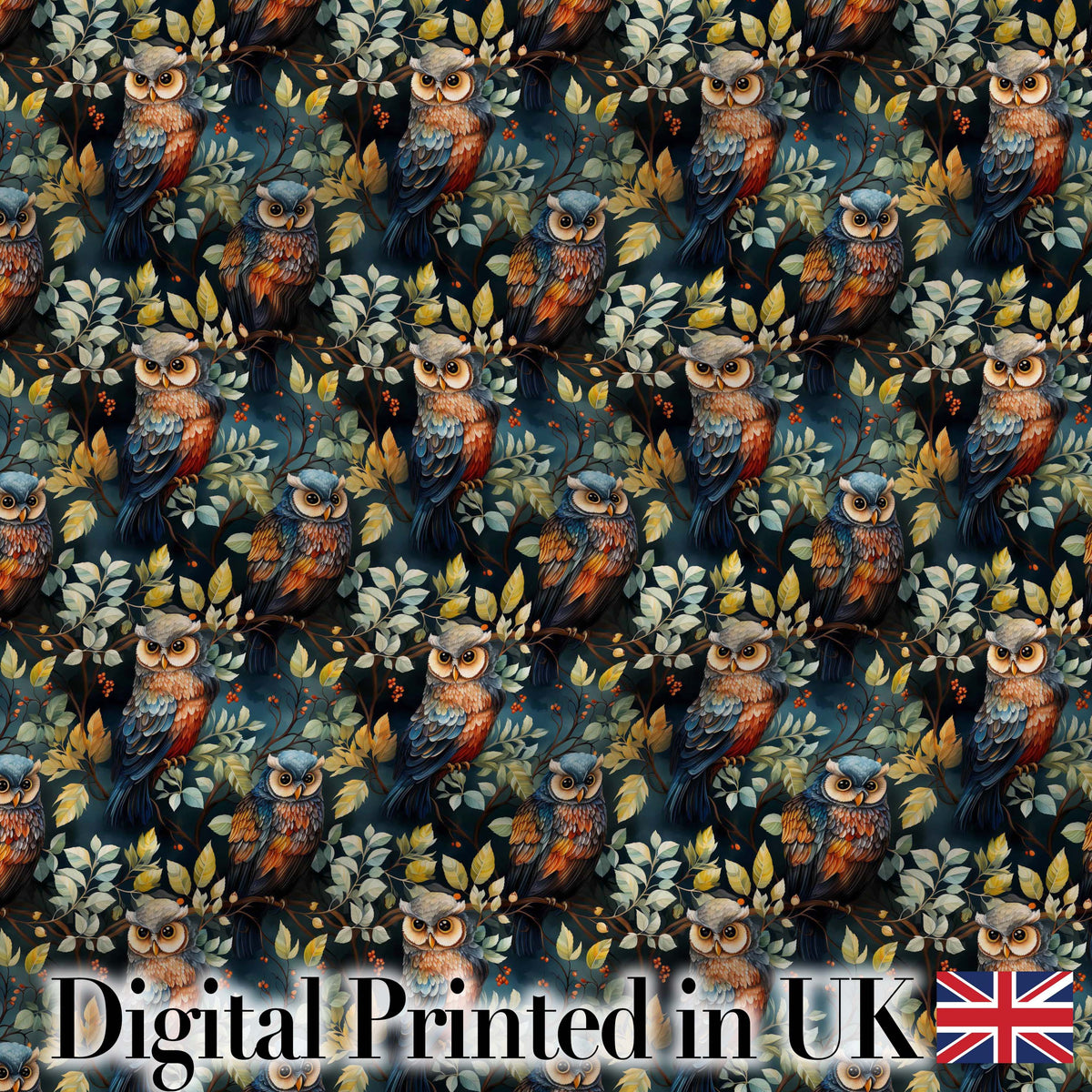 Realistic Owl Birds Sitting on Branches with Leaves Seamless Pattern Digital Print Fabric by the Metre UK Sewing Quilting Textile