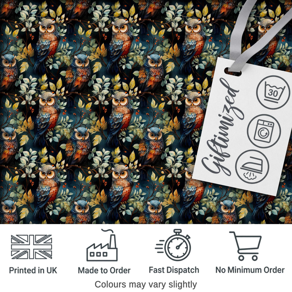 Realistic Owl Birds Sitting on Branches with Leaves Seamless Pattern Digital Print Fabric by the Metre UK Sewing Quilting Textile