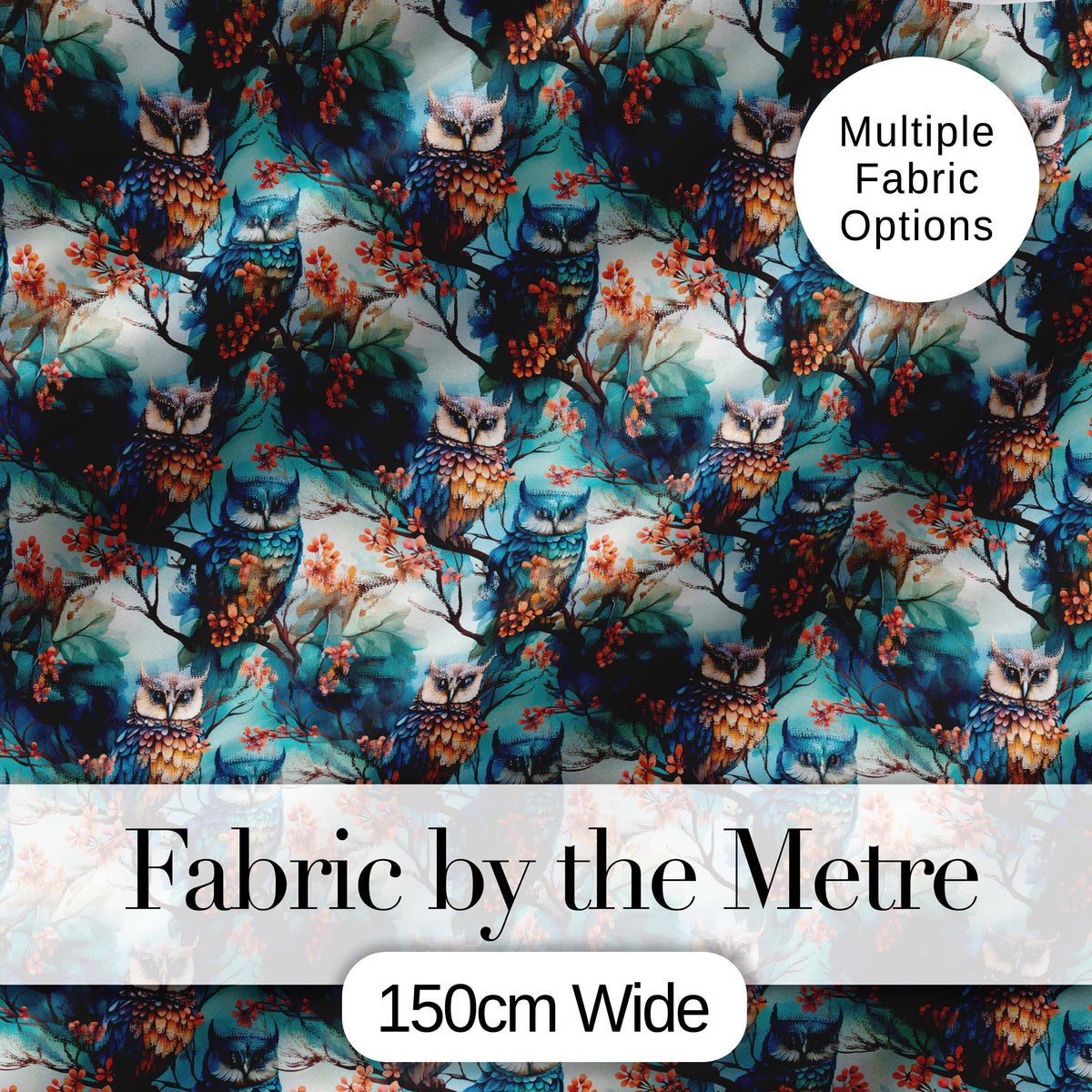 Artistic Owl Bird on Branches with Soft Blue Floral Background Seamless Pattern Digital Print Fabric by the Metre UK Sewing Quilting Textile