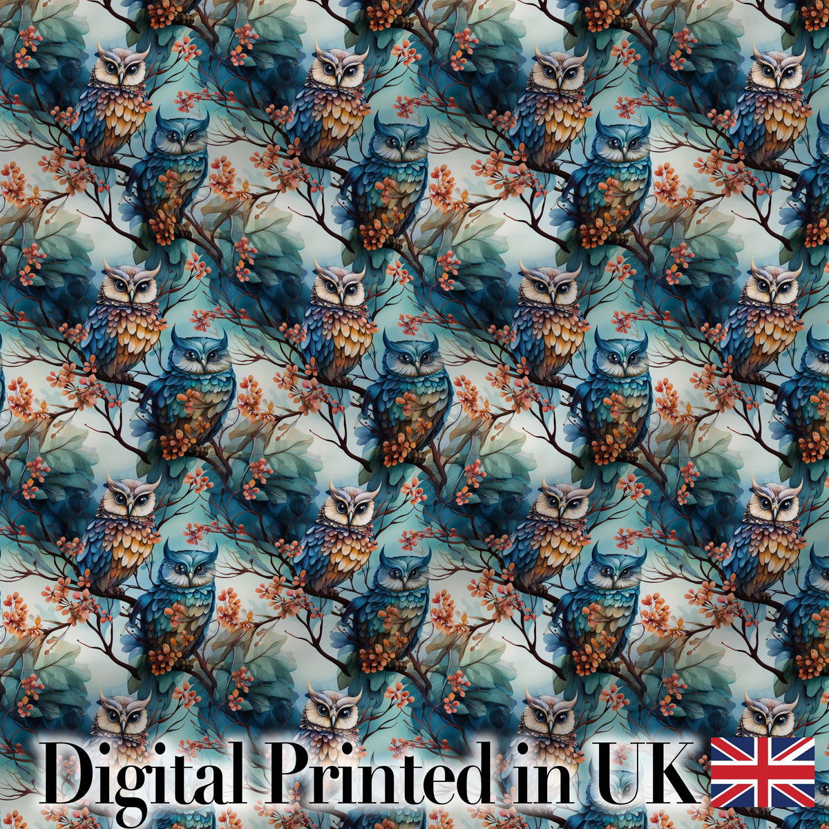 Artistic Owl Bird on Branches with Soft Blue Floral Background Seamless Pattern Digital Print Fabric by the Metre UK Sewing Quilting Textile