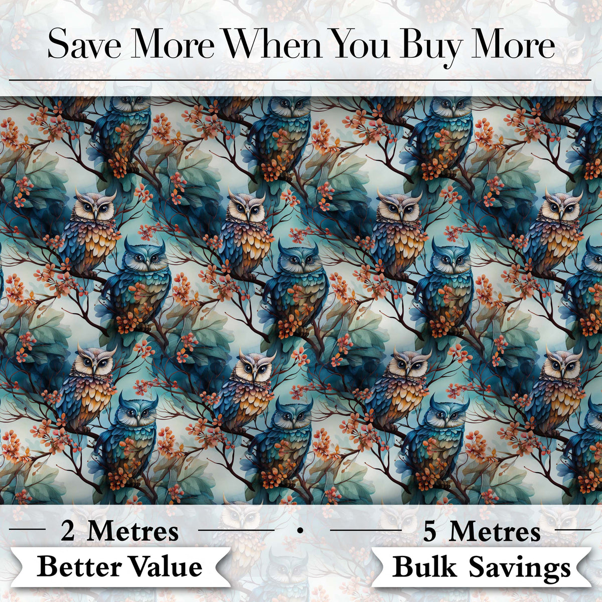 Artistic Owl Bird on Branches with Soft Blue Floral Background Seamless Pattern Digital Print Fabric by the Metre UK Sewing Quilting Textile