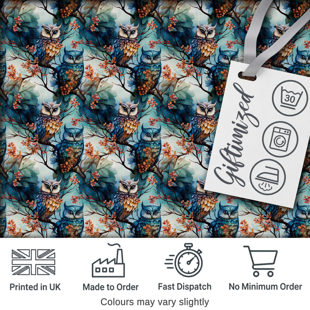 Artistic Owl Bird on Branches with Soft Blue Floral Background Seamless Pattern Digital Print Fabric by the Metre UK Sewing Quilting Textile