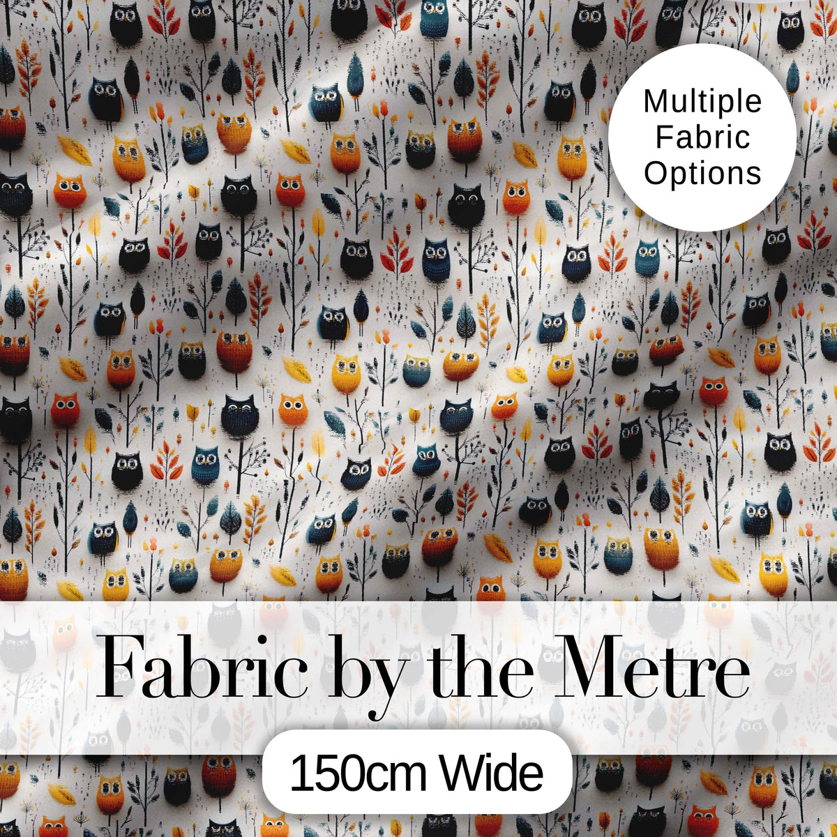 Simple Cute Owl Birds with Autumn Leaves Light Background Seamless Pattern Digital Print Fabric by the Metre UK Sewing Quilting Textile