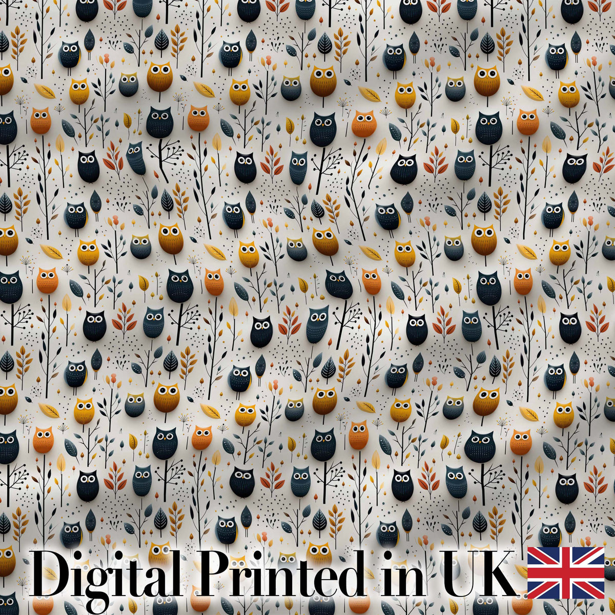 Simple Cute Owl Birds with Autumn Leaves Light Background Seamless Pattern Digital Print Fabric by the Metre UK Sewing Quilting Textile
