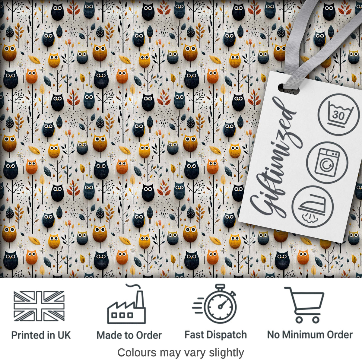 Simple Cute Owl Birds with Autumn Leaves Light Background Seamless Pattern Digital Print Fabric by the Metre UK Sewing Quilting Textile