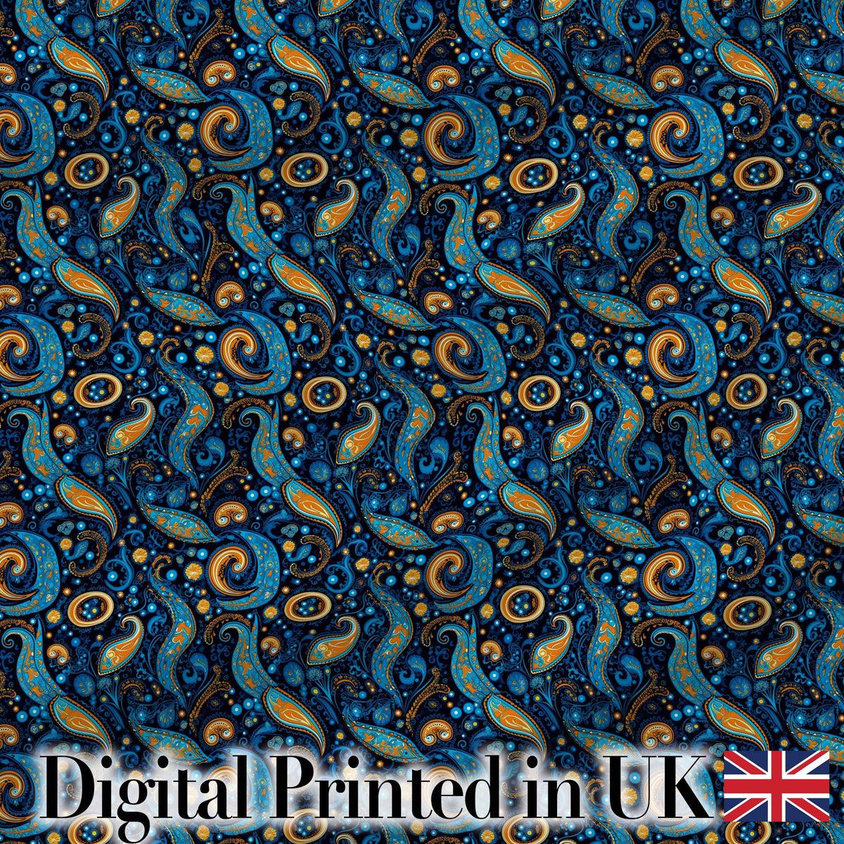 Blue Gold Paisley Ornate Floral Pattern Elegant Vintage Textile Design Digital Print Fabric by the Metre UK Sewing Quilting Textile