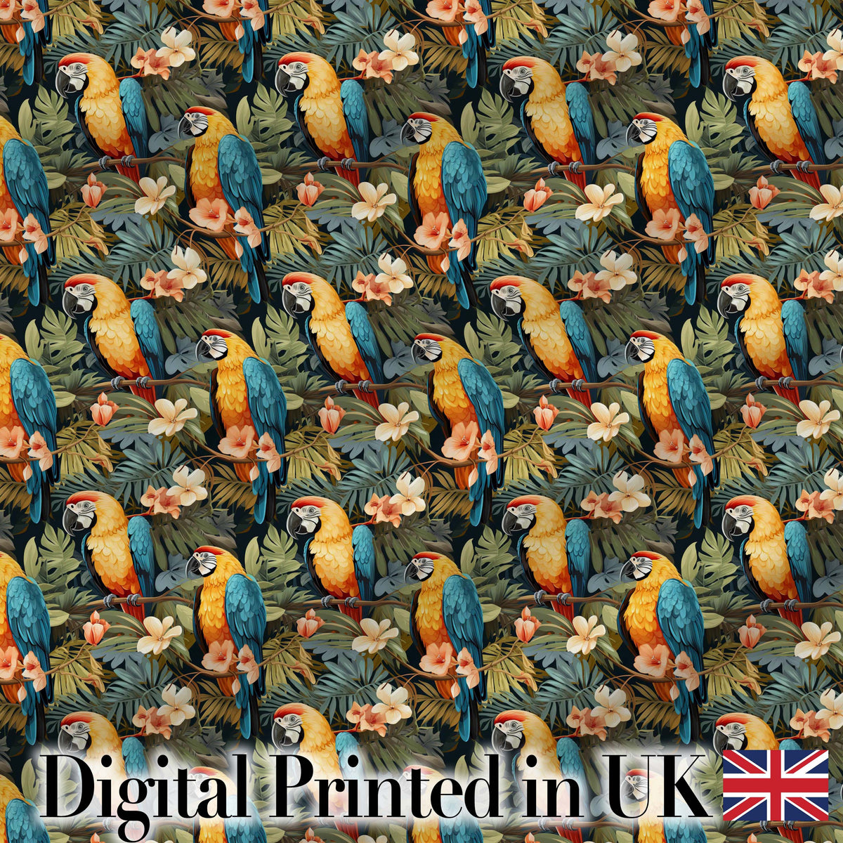 Bright Macaw Parrot Tropical Floral Seamless Pattern Exotic Jungle Textile Digital Print Fabric by the Metre UK Sewing Quilting Textile