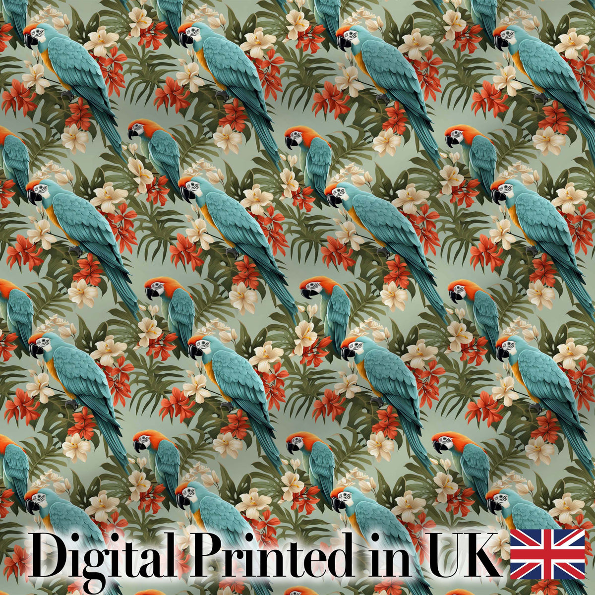 Tropical Blue Macaw Parrot Floral Jungle Seamless Pattern Exotic Bird Fabric Digital Print Fabric by the Metre UK Sewing Quilting Textile