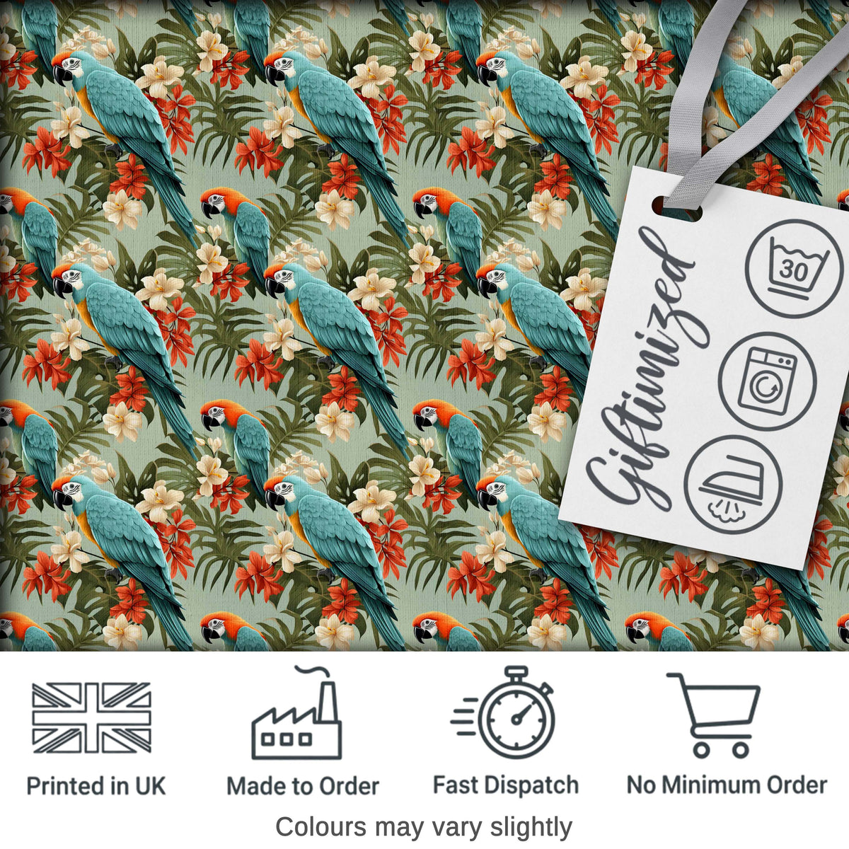 Tropical Blue Macaw Parrot Floral Jungle Seamless Pattern Exotic Bird Fabric Digital Print Fabric by the Metre UK Sewing Quilting Textile