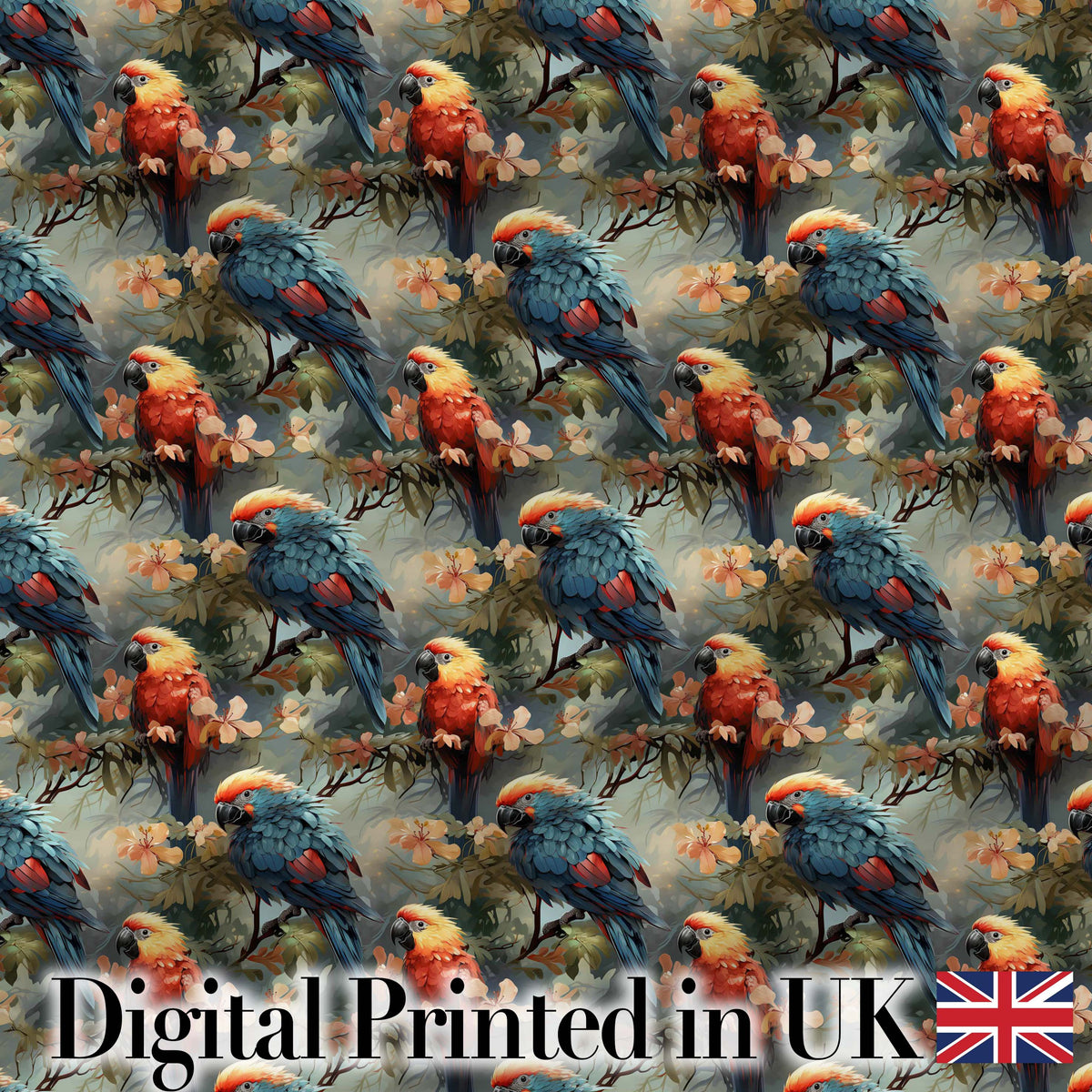 Colorful Parrot Bird on Branches Floral Seamless Pattern Artistic Jungle Fabric Digital Print Fabric by the Metre UK Sewing Quilting Textile