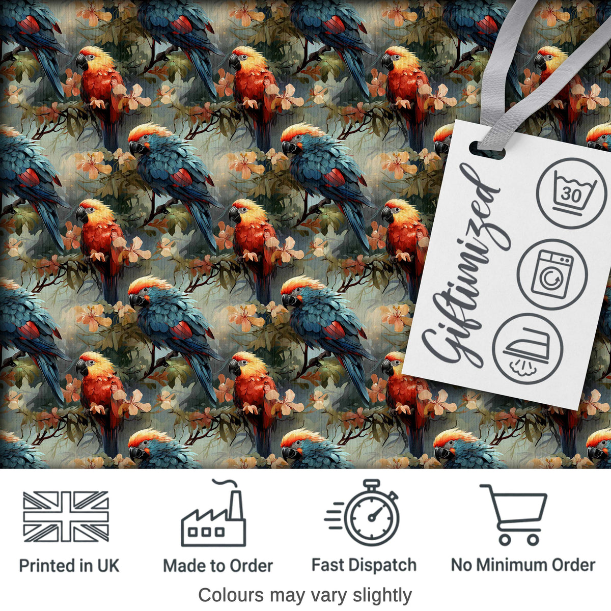 Colorful Parrot Bird on Branches Floral Seamless Pattern Artistic Jungle Fabric Digital Print Fabric by the Metre UK Sewing Quilting Textile