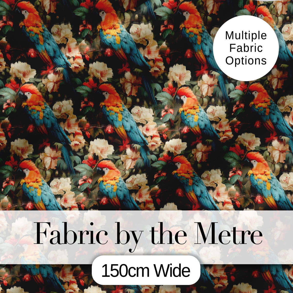 Vibrant Macaw Parrot with Flowers Seamless Pattern Dark Botanical Jungle Fabric Digital Print Fabric by the Metre UK Sewing Quilting Textile