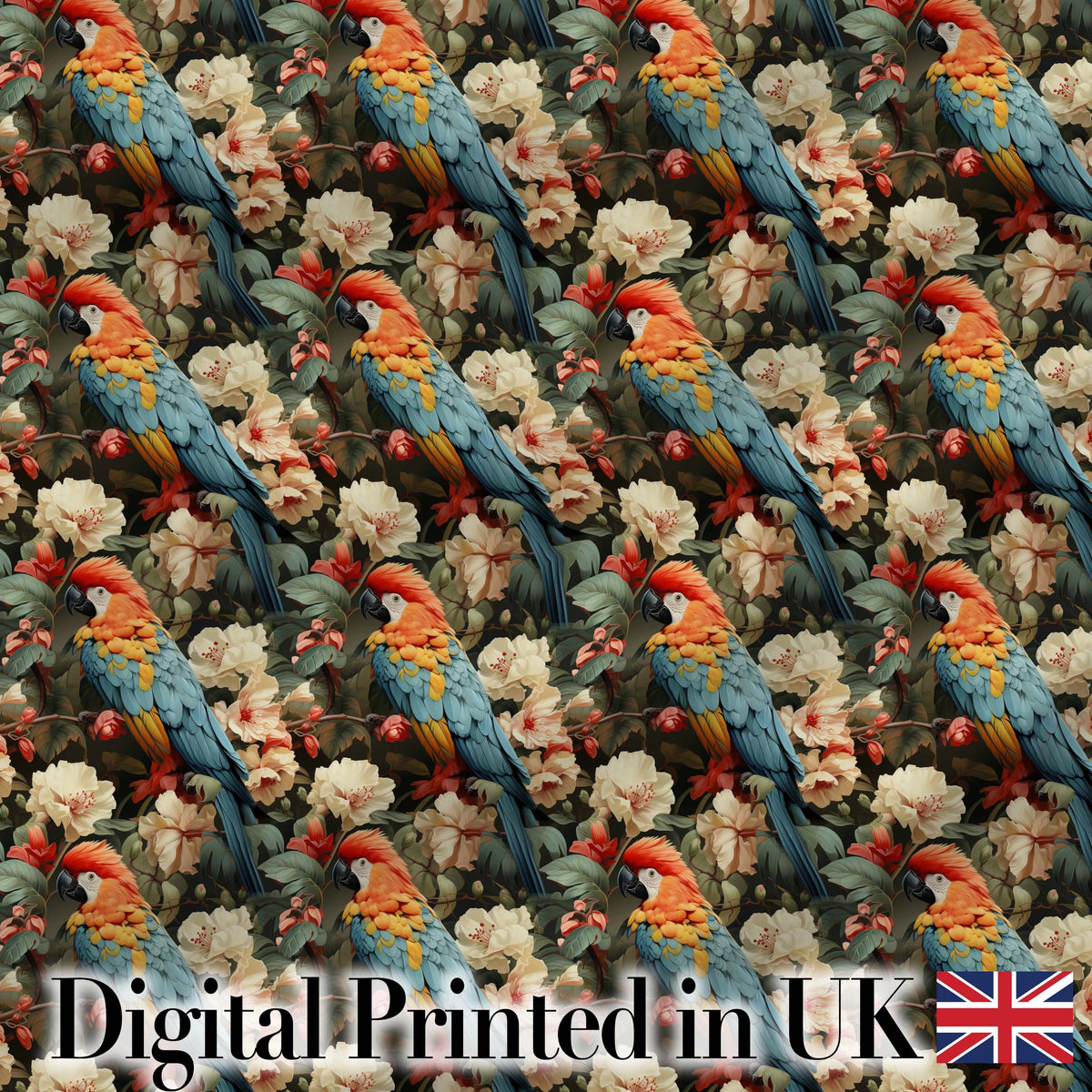 Vibrant Macaw Parrot with Flowers Seamless Pattern Dark Botanical Jungle Fabric Digital Print Fabric by the Metre UK Sewing Quilting Textile