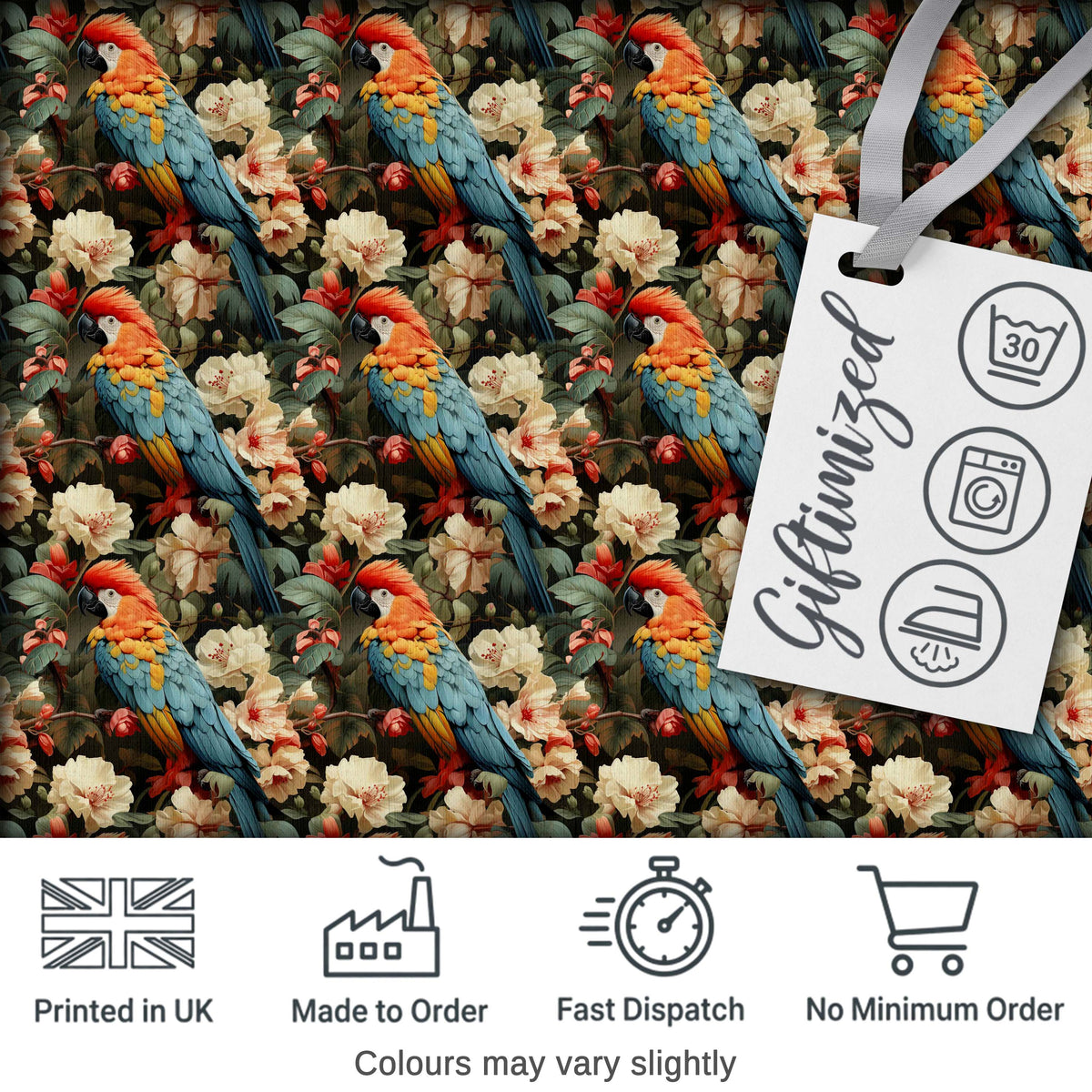Vibrant Macaw Parrot with Flowers Seamless Pattern Dark Botanical Jungle Fabric Digital Print Fabric by the Metre UK Sewing Quilting Textile