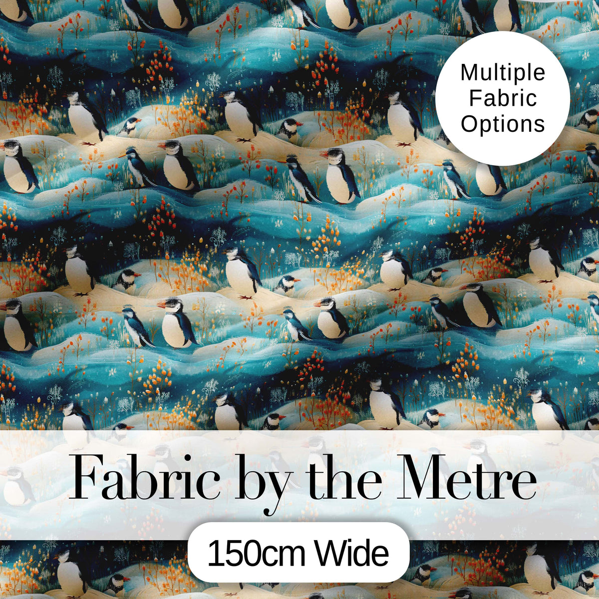 Penguin Birds in Winter Landscape Seamless Pattern Cute Nature Textile Fabric Digital Print Fabric by the Metre UK Sewing Quilting Textile