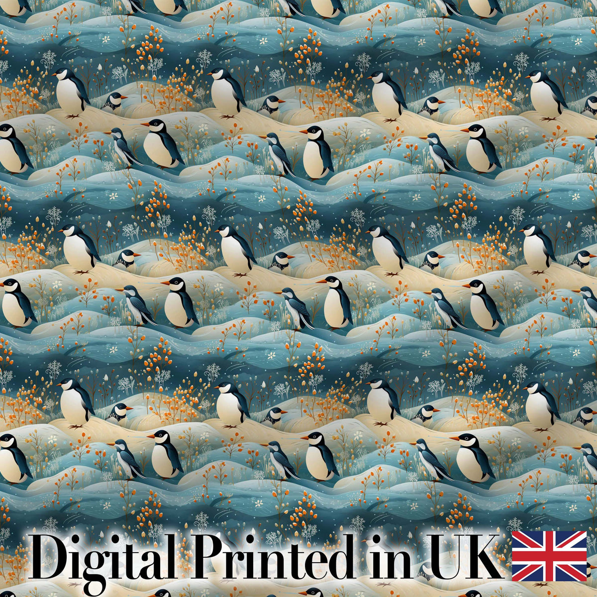 Penguin Birds in Winter Landscape Seamless Pattern Cute Nature Textile Fabric Digital Print Fabric by the Metre UK Sewing Quilting Textile