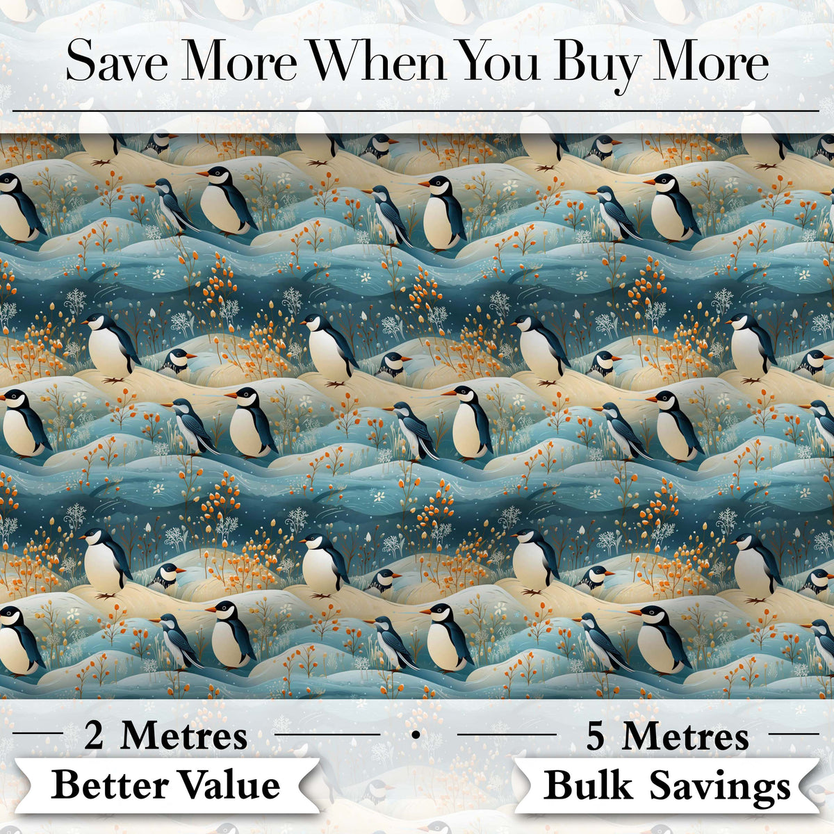 Penguin Birds in Winter Landscape Seamless Pattern Cute Nature Textile Fabric Digital Print Fabric by the Metre UK Sewing Quilting Textile