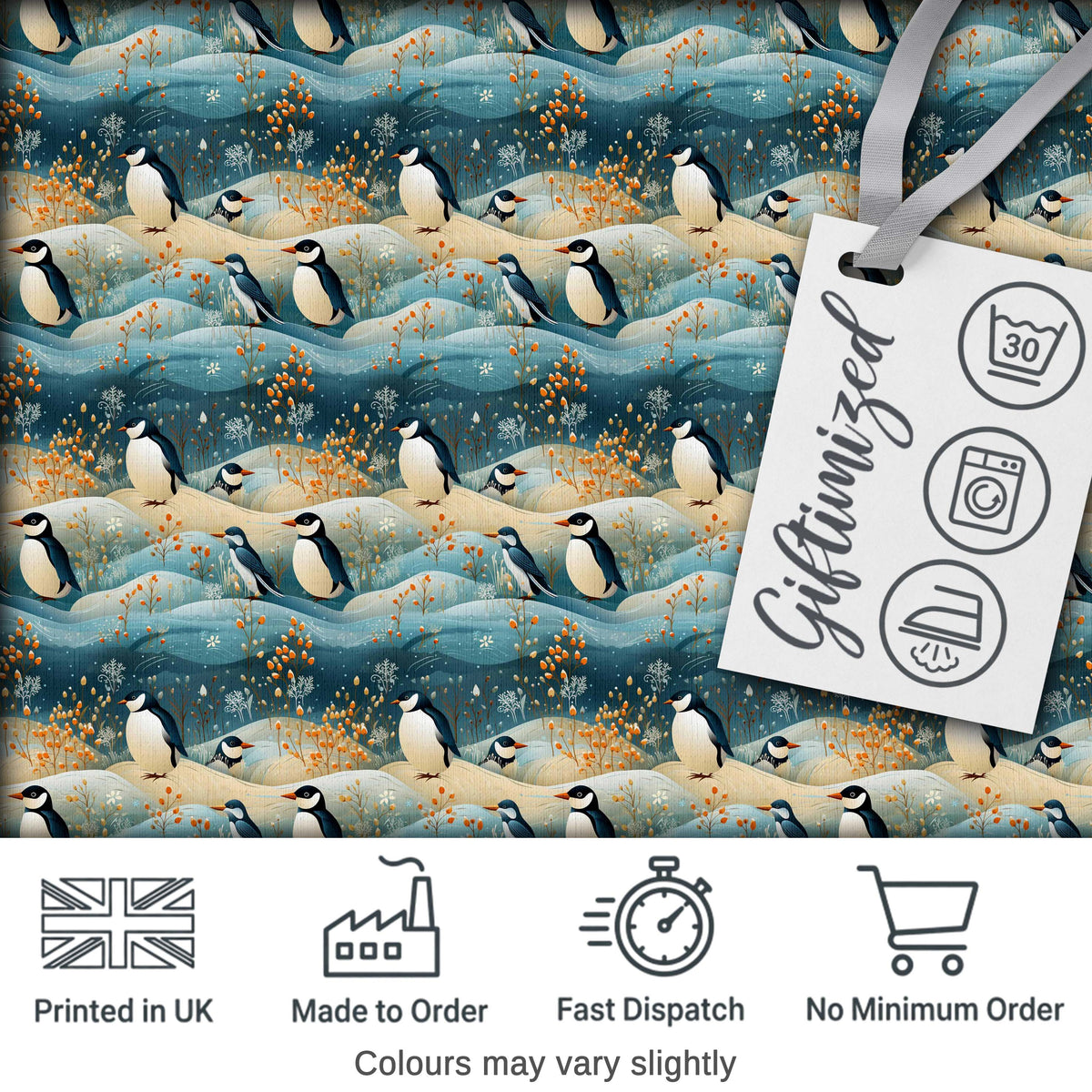 Penguin Birds in Winter Landscape Seamless Pattern Cute Nature Textile Fabric Digital Print Fabric by the Metre UK Sewing Quilting Textile