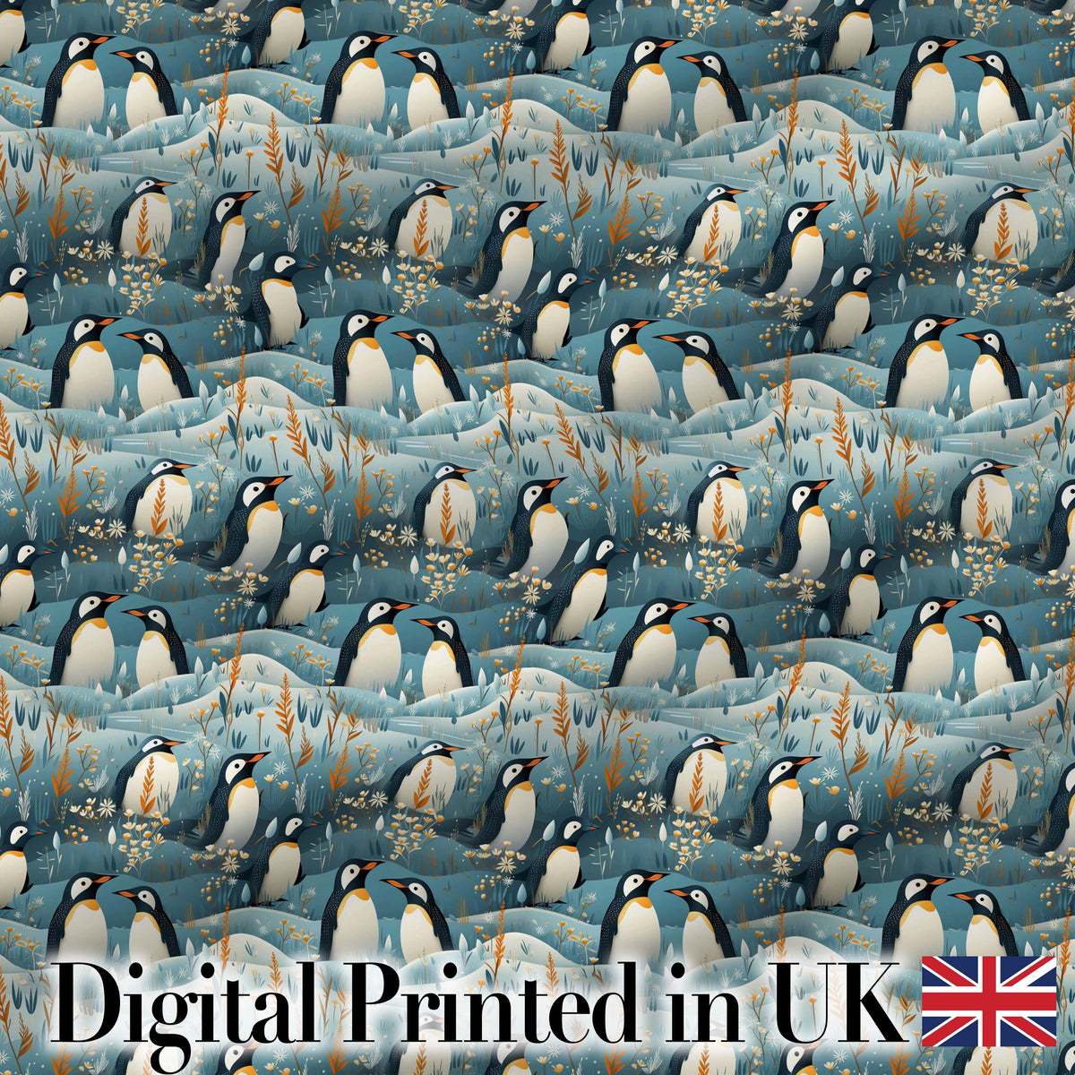 Adorable Penguin Birds Floral Meadow Seamless Pattern Soft Blue Textile Fabric Digital Print Fabric by the Metre UK Sewing Quilting Textile