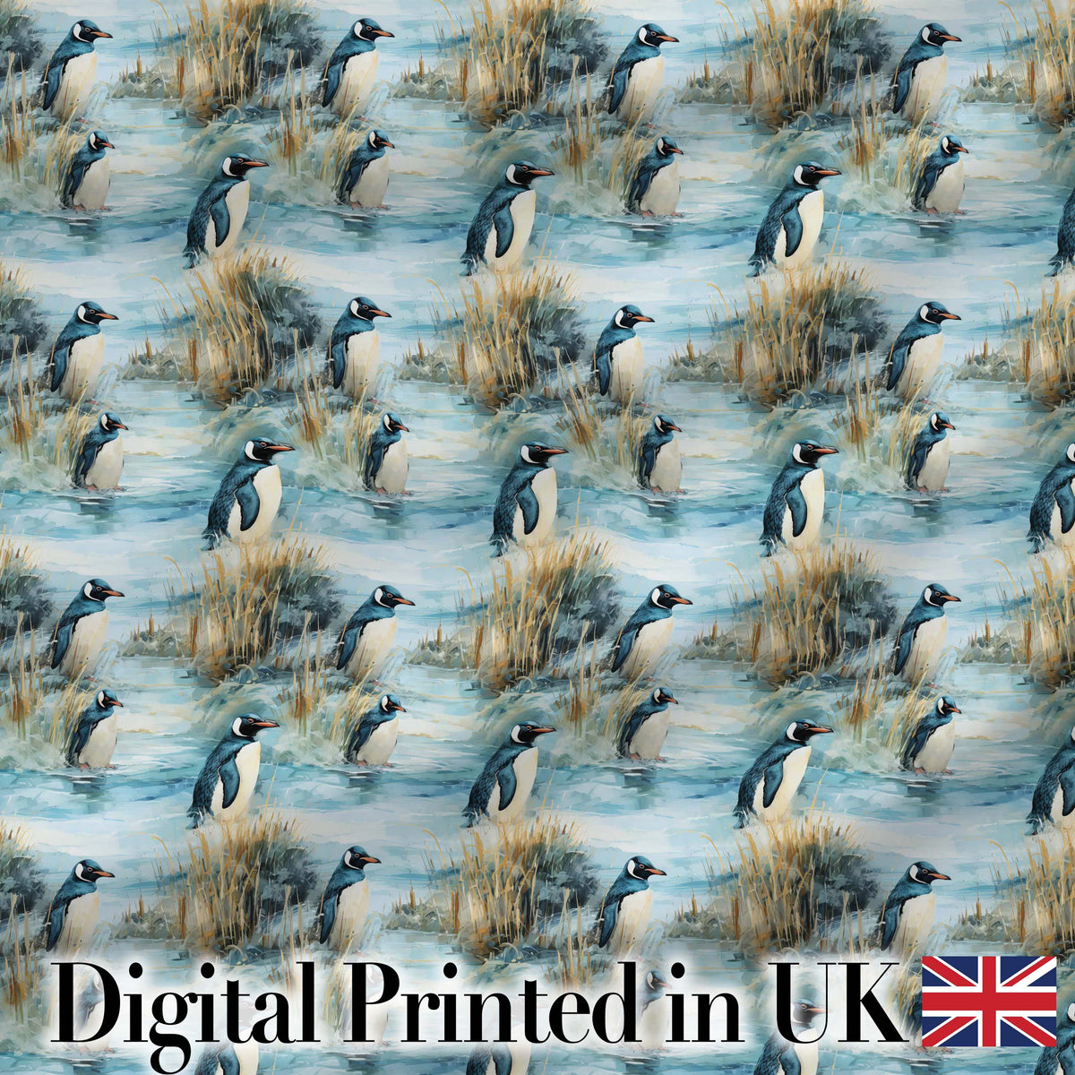 Penguin Birds by Water Grassland Seamless Pattern Artistic Nature Fabric Digital Print Fabric by the Metre UK Sewing Quilting Textile